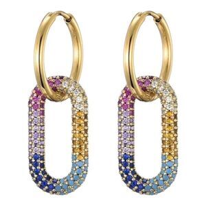 Gold Colorful Crystal Oval Hoop Earrings NEW